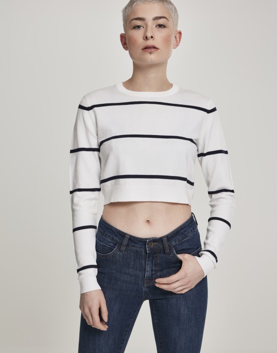 Дамска къса блуза в бяло Urban Classics Ladies Short Striped Sweater