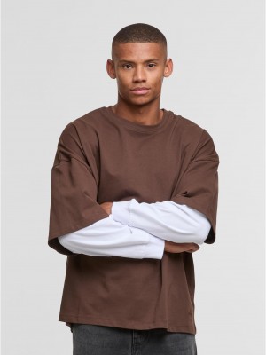 Тениска с дълъг ръкав DEF DOUBLE Longsleeves chocolatebrown/brightwhite XXL