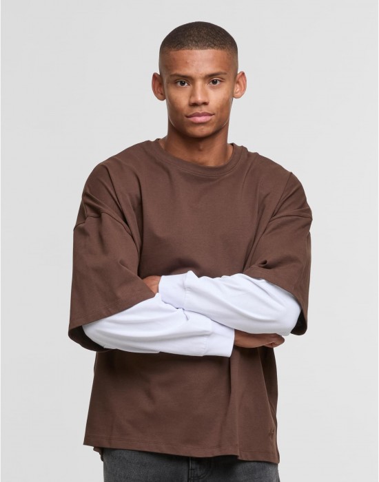 Тениска с дълъг ръкав DEF DOUBLE Longsleeves chocolatebrown/brightwhite XXL