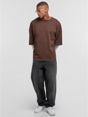 Тениска с дълъг ръкав DEF DOUBLE Longsleeves chocolatebrown/brightwhite XXL