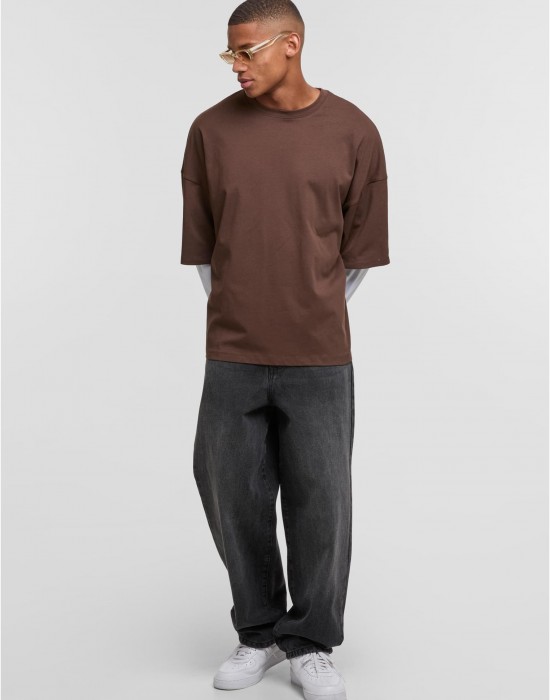 Тениска с дълъг ръкав DEF DOUBLE Longsleeves chocolatebrown/brightwhite XXL