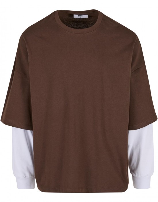 Тениска с дълъг ръкав DEF DOUBLE Longsleeves chocolatebrown/brightwhite XXL