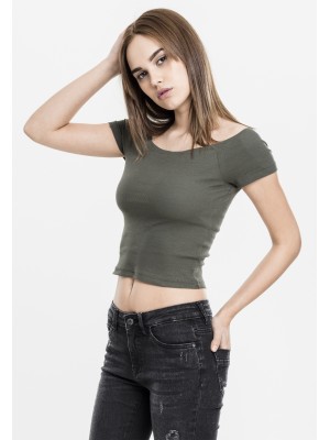 Дамски къс топ с голи рамена в тъмнозелено Urban Classics olive 