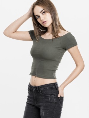 Дамски къс топ с голи рамена в тъмнозелено Urban Classics olive 