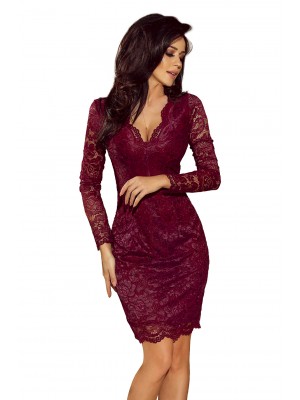 Официална дантелена миди рокля в цвят бордо 170-5
