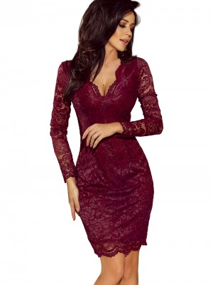 Официална дантелена миди рокля в цвят бордо 170-5