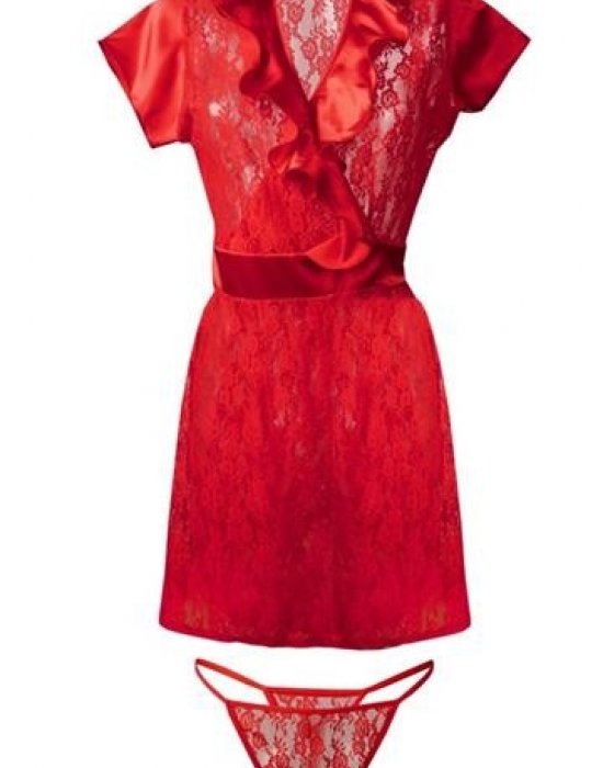 Дантелен халат в червен цвят Mia, DKaren, Секси Халати - Complex.bg