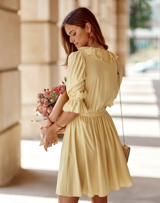 Елегантна дамска рокля с къс ръкав в жълт цвят 30440, FASARDI, Къси рокли - Complex.bg
