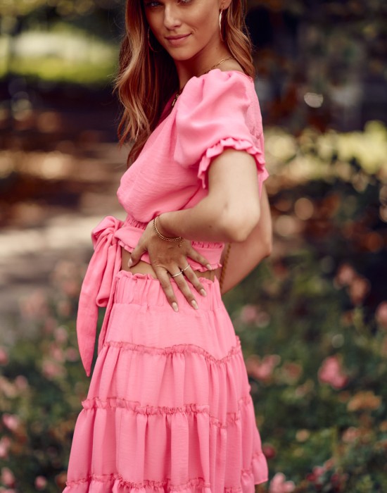 Къса дамска пола с волани в розов цвят 4008, FASARDI, Поли - Complex.bg