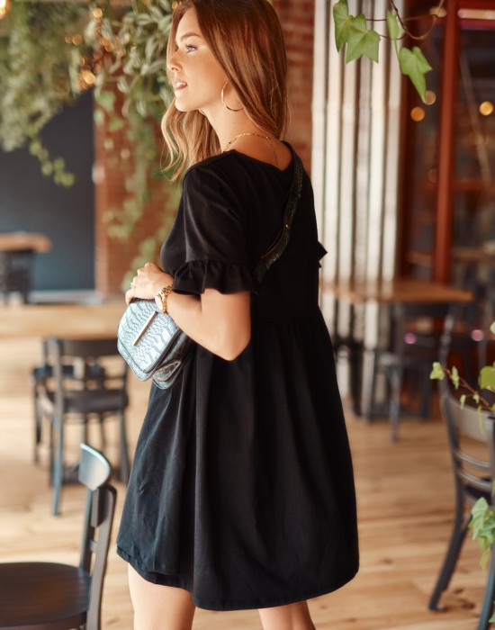 Широка дамска рокля с къс ръкав в черен цвят FK530, FASARDI, Къси рокли - Complex.bg