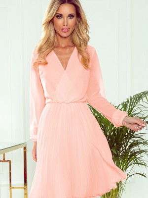 Плисирана рокля с дълъг ръкав в цвят праскова 313-2