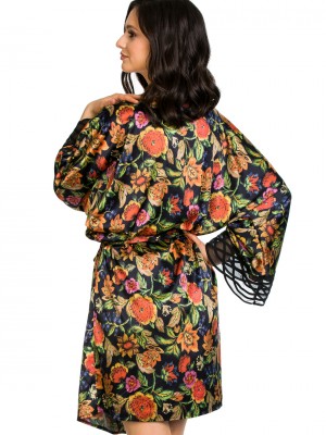 Сатенен халат в черен цвят FLOWER 20002