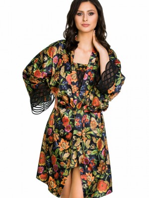 Сатенен халат в черен цвят FLOWER 20002