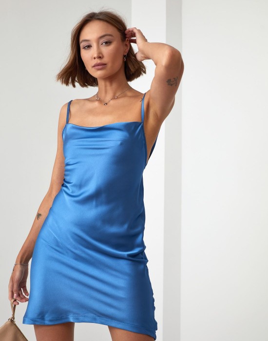 Сатенена рокля с тънки презрамки в син цвят FG645, FASARDI, Къси рокли - Complex.bg