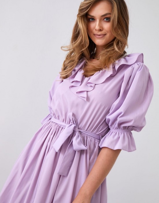 Елегантна дамска рокля с къс ръкав в лилав цвят 30440, FASARDI, Къси рокли - Complex.bg