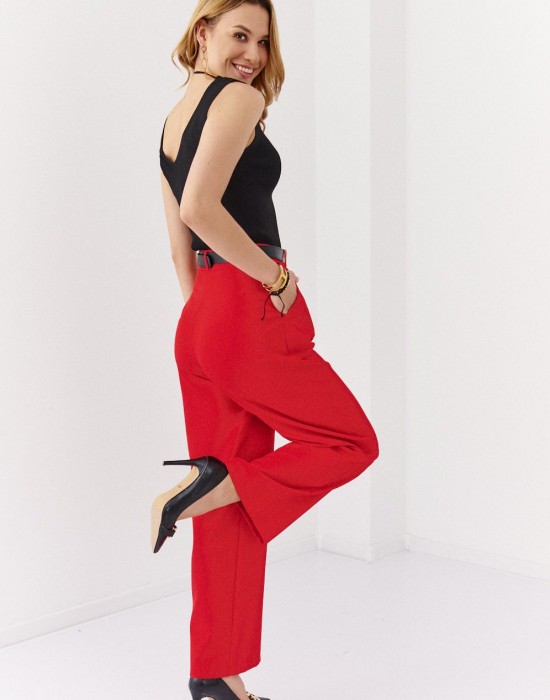 Дамски широк панталон с висока талия в червен цвят 05019, FASARDI, Панталони - Complex.bg