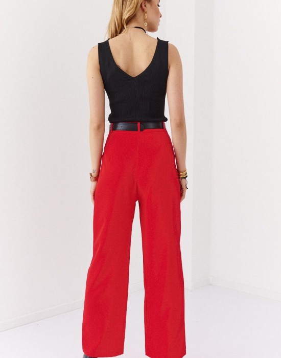 Дамски широк панталон с висока талия в червен цвят 05019, FASARDI, Панталони - Complex.bg