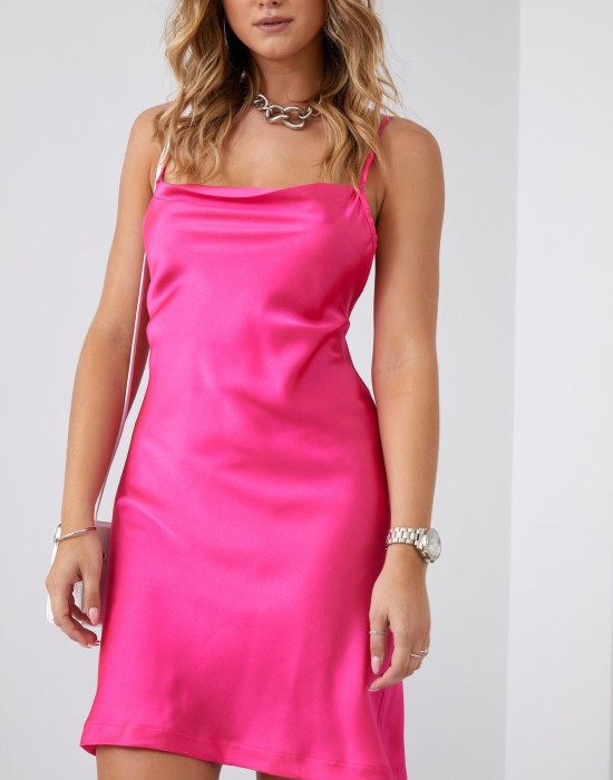 Сатенена рокля с тънки презрамки в розов цвят FG645, FASARDI, Къси рокли - Complex.bg