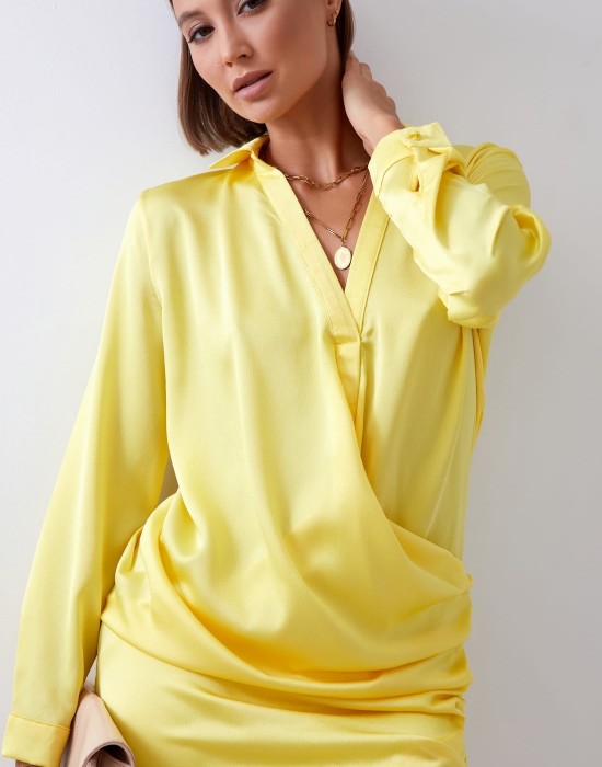 Сатенена рокля с дълъг ръкав в жълт цвят FG641, FASARDI, Къси рокли - Complex.bg