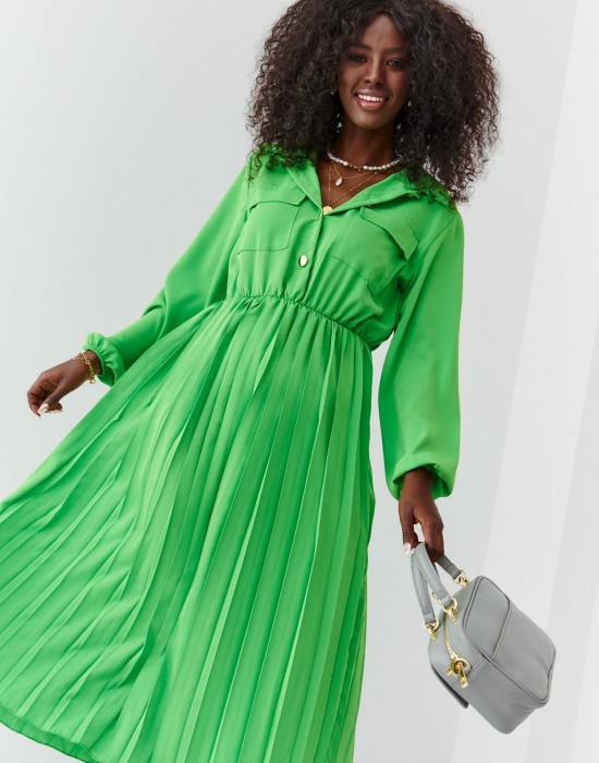 Ефирна рокля с дълъг ръкав в зелен цвят 70120, FASARDI, Миди рокли - Complex.bg