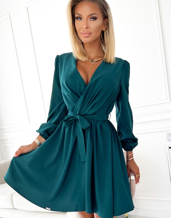 Елегантна рокля с дълъг ръкав в зелен цвят 339-2, Numoco, Къси рокли - Complex.bg