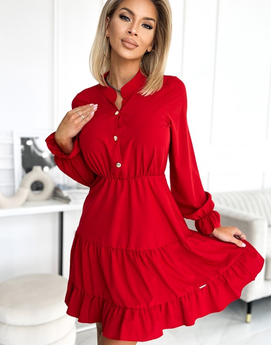 Ефирна рокля с дълъг ръкав в червен цвят 395-1, Numoco, Къси рокли - Complex.bg