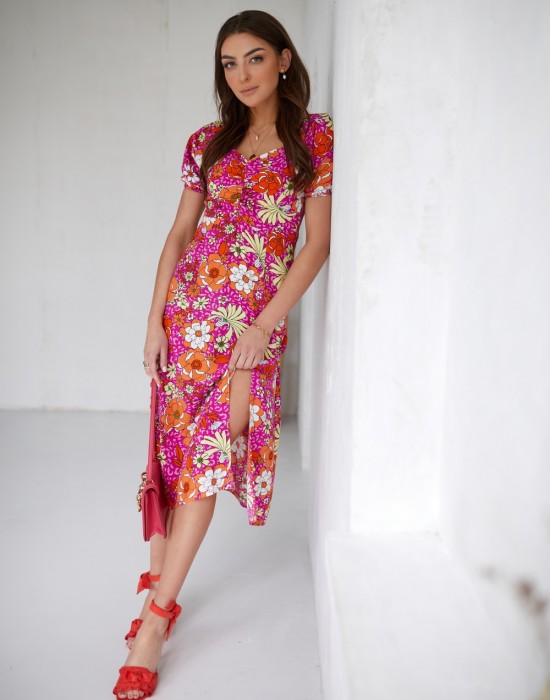 Лятна розова рокля с флорални мотиви, модел 0595, FASARDI, Дълги рокли - Complex.bg