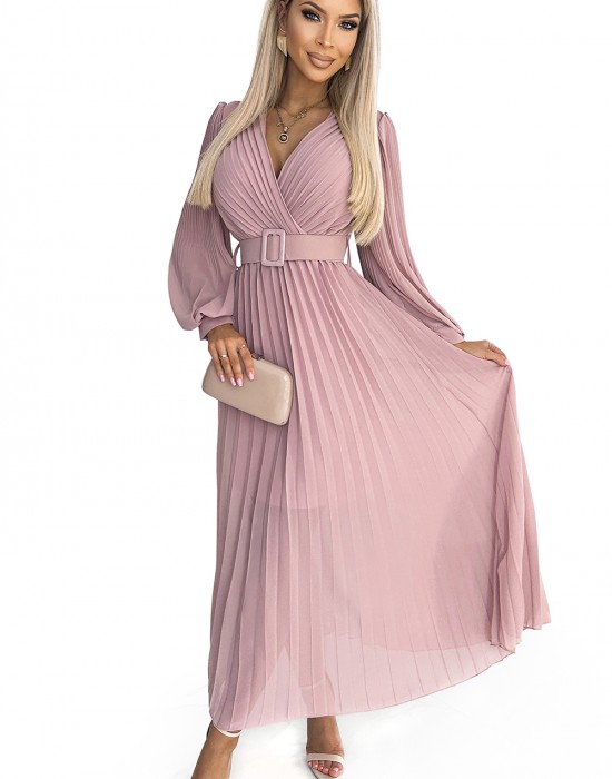 Дамска плисирана рокля в цвят пудра KLARA 414-2, Numoco, Дълги рокли - Complex.bg