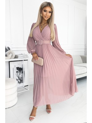 Дамска плисирана рокля в цвят пудра KLARA 414-2