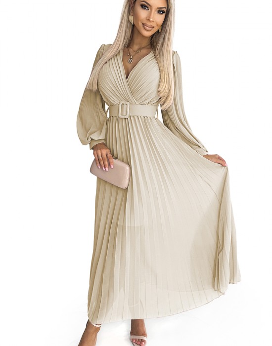 Дамска плисирана рокля в бежов цвят KLARA 414-8, numoco basic, Дълги рокли - Complex.bg