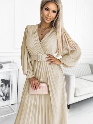 Дамска плисирана рокля в бежов цвят KLARA 414-8