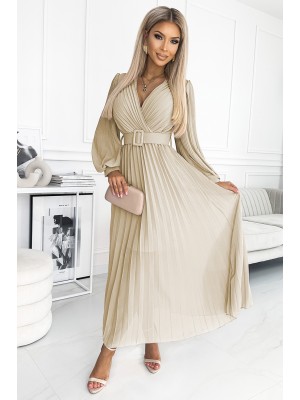 Дамска плисирана рокля в бежов цвят KLARA 414-8