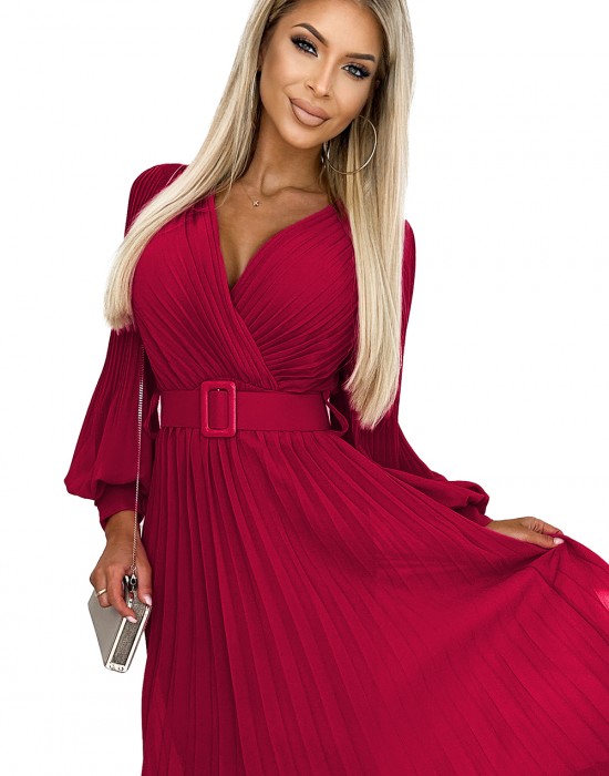 Дамска плисирана рокля в червен цвят 414-9 KLARA, numoco basic, Дълги рокли - Complex.bg