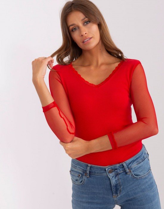 Червена дамска блуза с прозрачни ръкави 7839.88P,  Блузи / Топове - Complex.bg