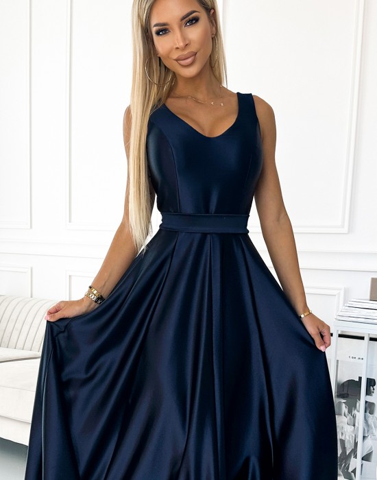 Дълга сатенена рокля в тъмносин цвят 508-1