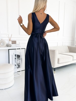 Дълга сатенена рокля в тъмносин цвят 508-1