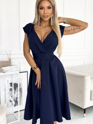 Разкроена миди рокля в тъмносин цвят 348-6