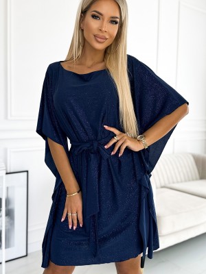 Широка рокля в тъмносин цвят с брокат 287-25