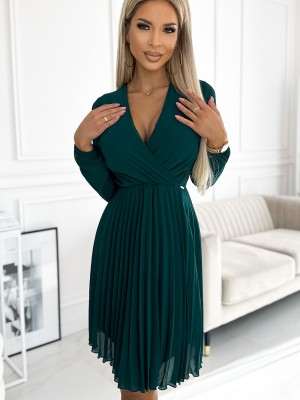 Плисирана рокля с дълъг ръкав в тъмнозелено 313-14