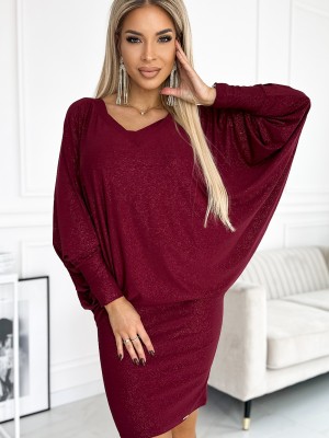 Широка рокля с дълги ръкави в бордо 402-4