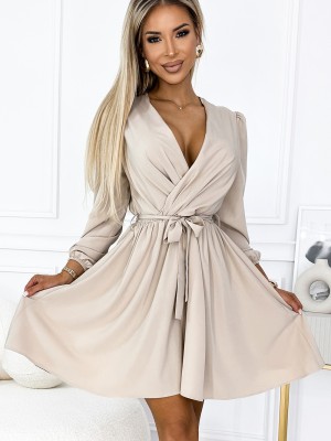 Елегантна рокля с дълъг ръкав в бежово 339-4