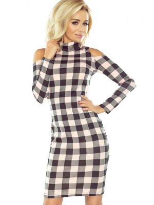Карирана рокля с голи рамене 165-1