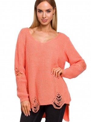 Пуловер с V-образно деколте в цвят корал M473