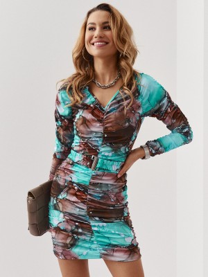 Къса дамска рокля с дълъг ръкав в кафяв и зелен цвят 12580