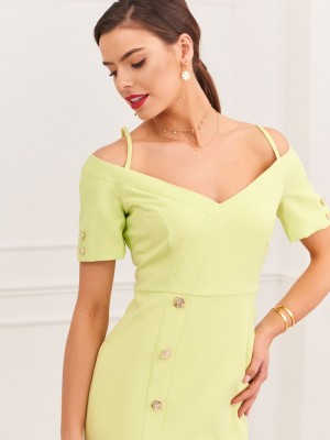 Елегантна рокля с паднали ръкави в цвят лайм 0484