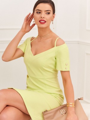 Елегантна рокля с паднали ръкави в цвят лайм 0484