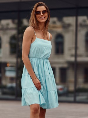 Къса дамска рокля с тънки презрамки в син цвят PR3214