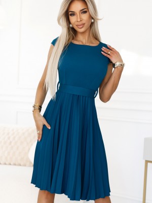 Елегантна миди рокля с къс ръкав в морско син цвят 311-17