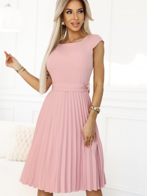 Елегантна миди рокля с къс ръкав в цвят пудра 311-19