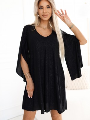 Трапецовидна черна рокля с брокат и ръкави тип пеперуда 597-1